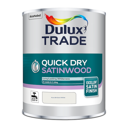 Dulux Trade Quick Dry Satinwood Paint Pure Brilliant White 1L