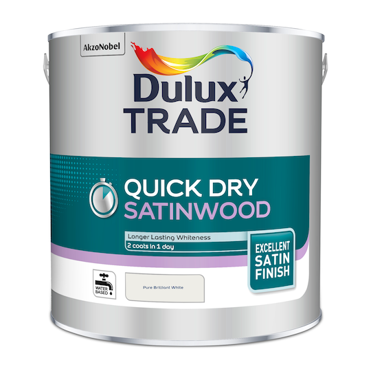Dulux Trade Quick Dry Satinwood Paint Pure Brilliant White 2.5L
