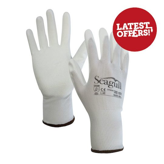 Seagull Gloves Polyester PU Palm Coated White Size 9