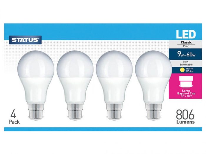 Status Light Bulb LED GLS BC B22 9W Pack of 4