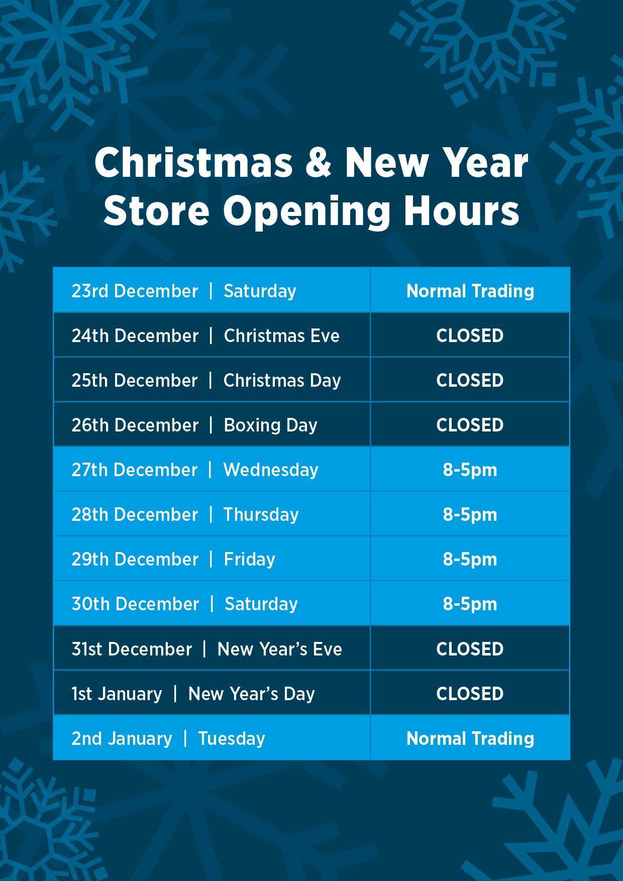 Christmas/New Years Eve Hours 2023/2024